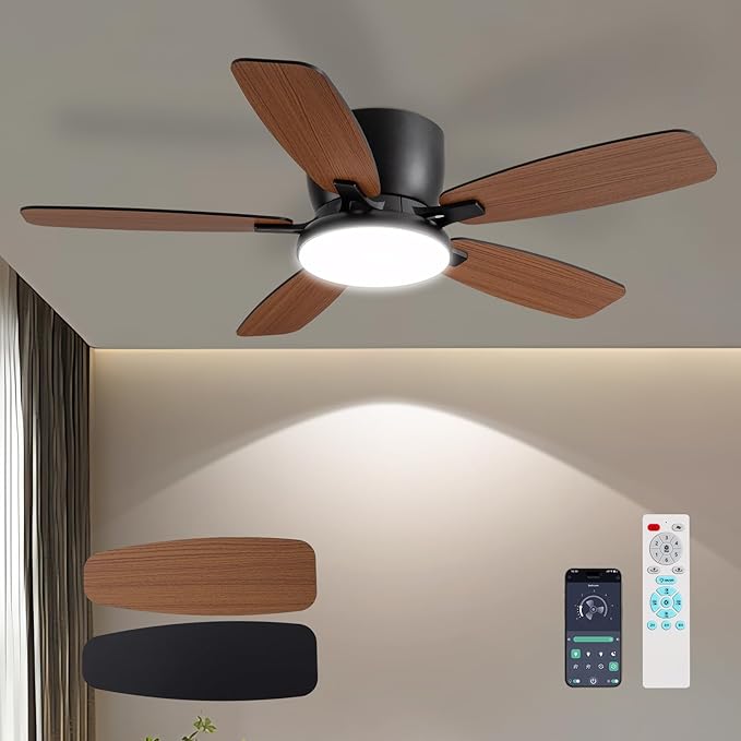 Ceiling Fans with Lights, 44" Low Profile Ceiling Fan with Light Remote Control, 6 Speed 35dB Ultra Quiet Smart Ceiling Fan with Reversible DC Motor, Dimmable 3CCT LED for Bedroom/Living Room (Black)