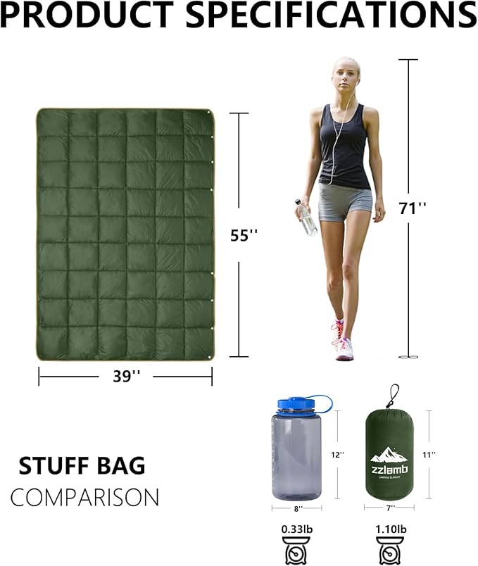 zzlamb Camping Blanket, Compact Lightweight Soft Puffy Blanket Water-Repellent, Packable Warm Quilt Down Alternative Picnic Hiking Backpacking Beach Travel RV Airplane Couch Car