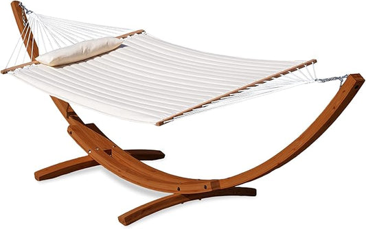 Lazy Daze Hammocks 12 FT Double Quilted Fabric Hammock and 13 FT Brown Wooden Arc Stand, with Spreader Bar, Removable Pillow, 2 Person Hammock for Outdoor Patio Poolside, 450 lb Capacity, Brown