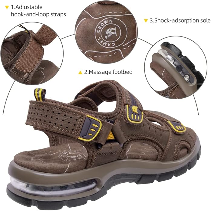 CAMEL CROWN Men's Leather Sandals for Hiking Walking Beach Treads Water Athletic Outdoor with Premium Air Cushion | Waterproof
