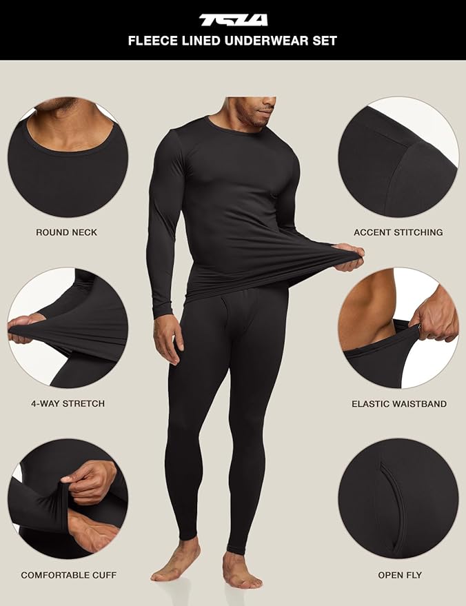 TSLA Men's Thermal Underwear Set, Microfiber Soft Fleece Lined Long Johns, Winter Warm Base Layer Top & Bottom
