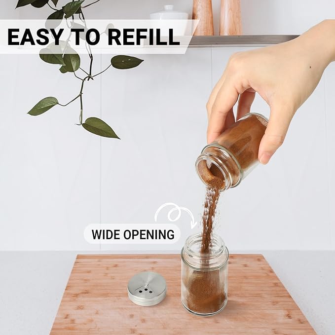 Segarty Spice Jars, 3 Pack 3 oz Spice Bottles with Shaker Lids, Glass Empty Seasoning Containers with Adjustable Pour Holes for Kitchen Spice Storage Stainless Steel Flow Top Salt and Pepper Shakers