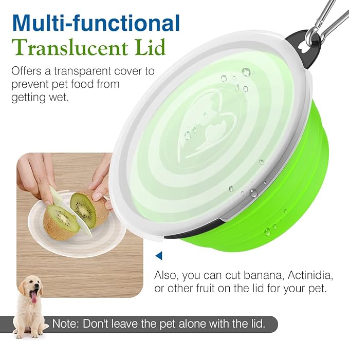 Pawaboo Collapsible Dog Bowls 2 Pack, Silicone Feeding Watering Bowls with Lids & Carabiners for Dogs Cats, Portable Water Feeder Food Bowl for Walking Traveling Home Use, 1000ml, Blue + Green