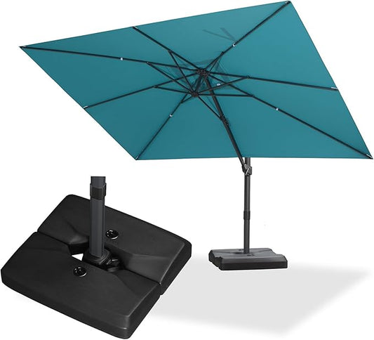 PURPLE LEAF 9' × 11.5' Patio Cantilever Umbrella with Base Outdoor Rectangle Adjustable Offset Umbrellas with 360-degree Rotation and 8 Heavy Duty Metal Ribs for Garden Deck Pool Turquoise Blue