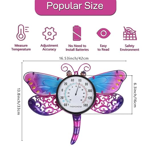 Indoor Outdoor Thermometer, Dragonfly Wall-Mounted Thermometer Waterproof for Patio Garden Yard & Living Room, No Battery Needed