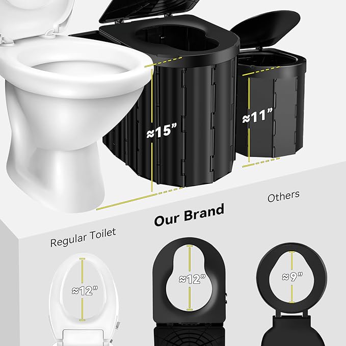 Portable Toilet, Upgraded 15'' Camping Toilet for Adults with Lid, Folding Toilet with Removable Paper Holder, Travel Portable Potty for Camping, Hiking, Roadtrip, Tent, Truck Drivers