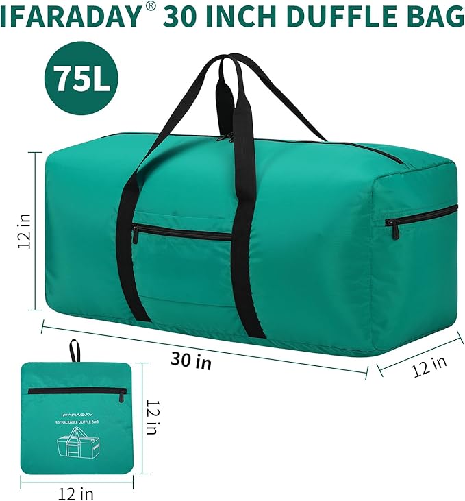Foldable Duffle Bag for Travel - 75L Large Spare Travel Duffel Bag Lightweight with Trolley Sleeve - Green
