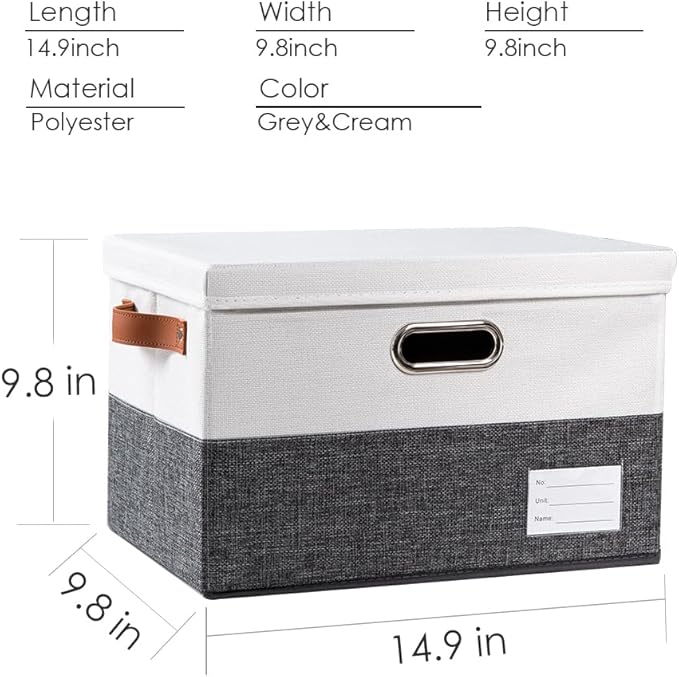 PRANDOM Foldable Storage Bins with Lids [3-Pack] Fabric Collapsible Storage Boxes Baskets Cubes Containers with Handles for Closet Living Room Bedroom (Grey & White 14.9x9.8x9.8'')