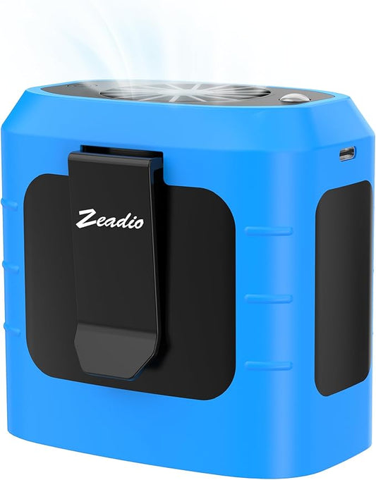 Zeadio Portable Waist Clip Fan, 4 Speeds 10000mAh Operated Hands-free Wearable Necklace Fan, with Lighting and Charging Function for Hot Flashes Home Office Travel Outdoor Sports - Blue