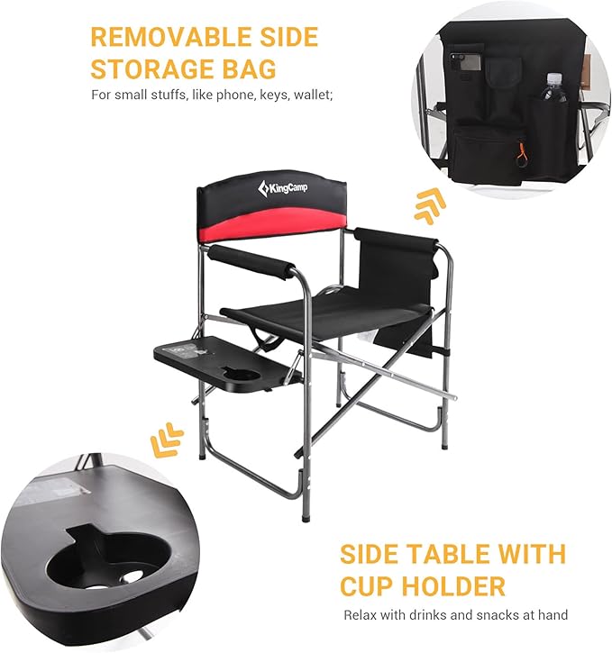 KingCamp 2-Pack Camping Folding Director Chairs with Side Table & Storage, Red