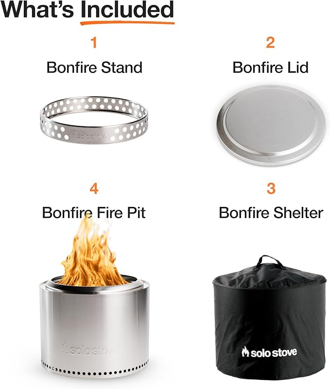 Solo Stove Bonfire Amazon Exclusive | Smokeless Fire Pit Bundle with Stand, Lid, Shelter & Ash Pan | Ideal for 4–6 People | Stainless Steel Wood Burning Camping Pit – 22in Wide, 34lbs