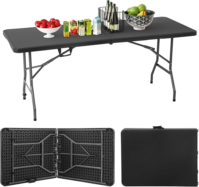 PayLessHere Folding Tables Plastic 6ft Folding Table Half Portable Foldable Table for for Parties Wedding BBQ Camping, Black 6FT