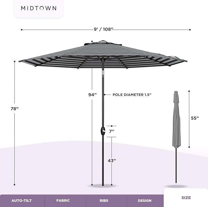 Midtown Umbrellas Sunbrella Umbrella 9 Feet Outdoor Umbrella With Black & White Acrylic Fabric - Auto-Tilt Aluminum Frame Patio Umbrella For Backyard, Deck, Garden, Pool - Black Pole