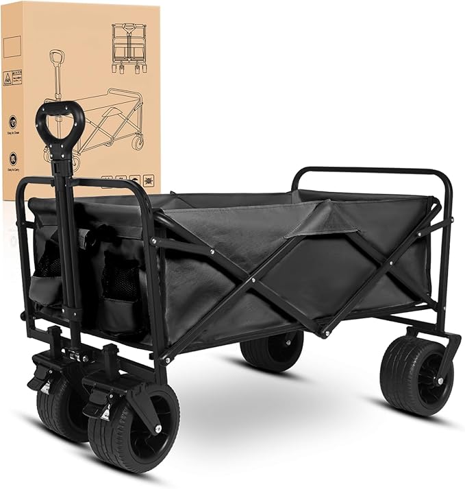 Yesker Foldable Wagon - 300lbs Collapsible Garden Carts with All Terrain Wheels for Outdoor Camping Sports Shopping Gardening - Heavy Duty Portable Utility Trolley (Black)