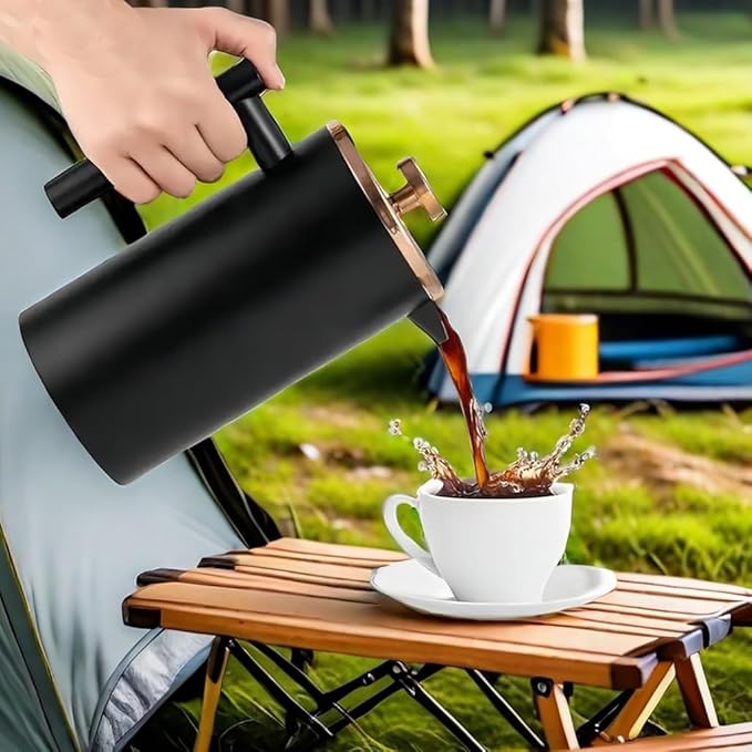 Black French Press Stainless Steel 34oz, Double Wall Insulated Coffee Press 1L for travel camping with 2 Extra Filter Screens and 1 Coffee Spoon（8cup 1000ml）