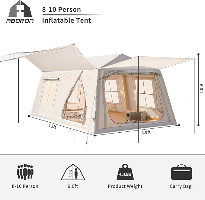 ABORON 2/6/8 Person Inflatable Camping Tent, Easy Setup Blow Up Tent with Hand Pump, PU3000mm Waterproof & Breathable 4 Season Glamping Tent for Outdoor Camping