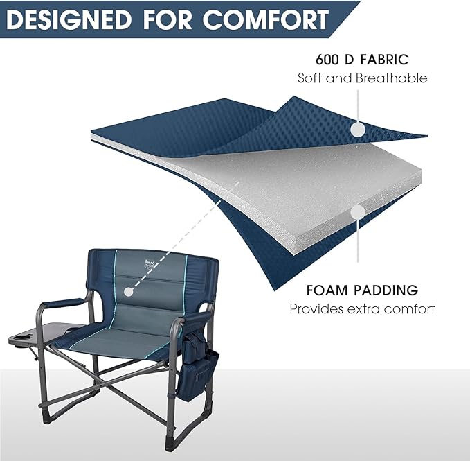 TIMBER RIDGE XXL Upgraded Oversized Directors Chairs with Foldable Side Table, Detachable Side Pocket, Heavy Duty Folding Camping Chair up to 600 Lbs Weight Capacity (Blue) Ideal Gift, 2 Pack