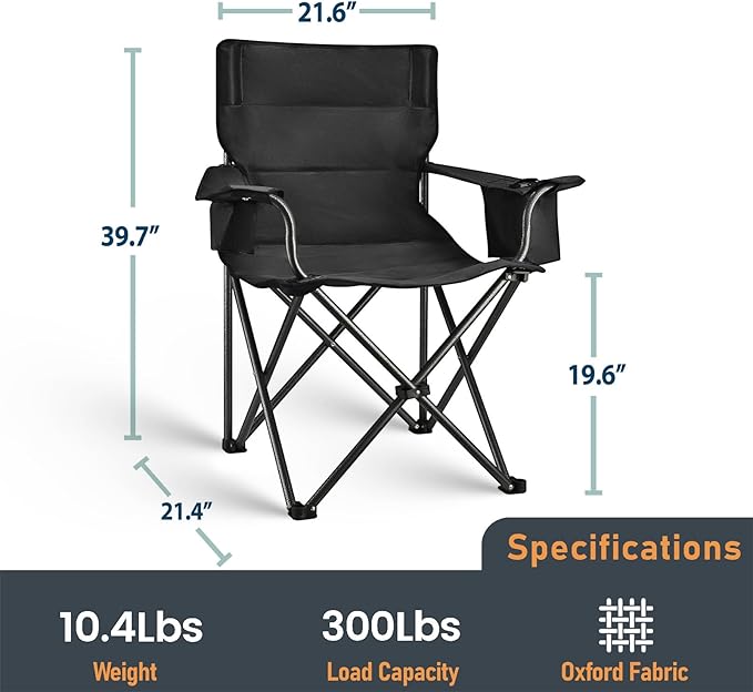 2 Pack Camping Chair Folding Heavy Duty with Cup Holder & Cooler Bag, Oversized Portable Lawn Chair for Adults, Tall and Lightweight, 300 lbs Capacity, for Beach, Fishing, Sports, Travel