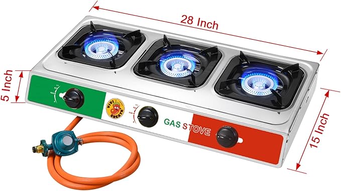 Vivicreate 3 Burner Propane Gas Stove 30000 BTU Stainless Steel Cooktop with Enamel Pan Supports Electronic Ignition for Outdoor Cooking Camping BBQ Estufa de Gas Portátil Fogón de Gas