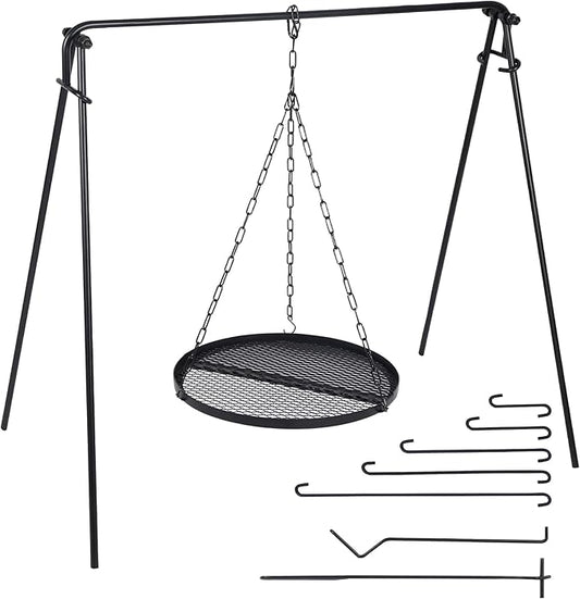 REDCAMP Swing Campfire Grill Stand - Collapsible Campfire Cooking Rack with 6 Hooks & Iron Grill Grate, Portable Dutch Oven Hanger for Outdoor Camping, Cookware, Bonfire, Round