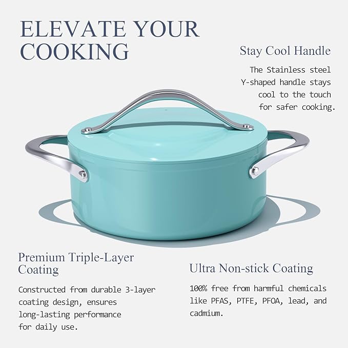 Stock Pot 4.5qt Dutch Oven with Lid (9.5") Nonstick Ceramic Coated Non-Toxic PFAS-Free Even Heat Distribution for Braising, Baking Bread & Soups, Compatible for All Cooktops(Induction/Gas/Electric) Oven Safe to 500°F (Caribbean Blue)