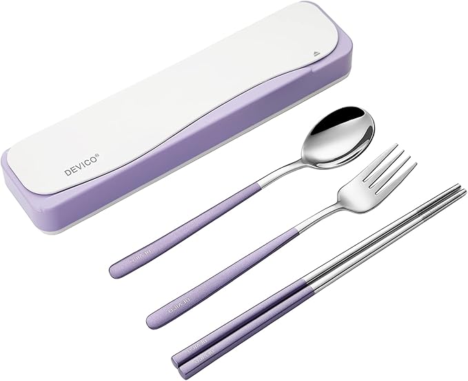 DEVICO Travel Utensils With Case, 18/8 Stainless Steel Camping Utensils, Reusable Portable Silverware Cutlery Set For Lunch Box, Include Fork Spoon Chopsticks