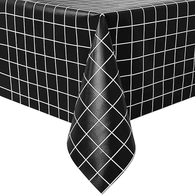 Romanstile Rectangle Plastic Tablecloth, 100% Waterproof Oil-Proof Checkered PVC Table Cloths, Heavy Duty Vinyl Table Covers for Dining, Camping, Picnic, Outdoor - 54 x 78 Inch, Black