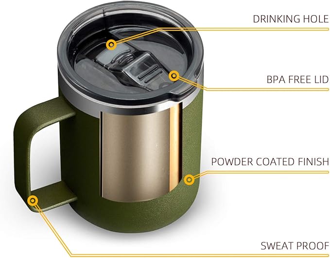 ALOUFEA 12oz Stainless Steel Insulated Coffee Mug with Handle, Double Wall Vacuum Travel Mug, Tumbler Cup with Sliding Lid, Army Green