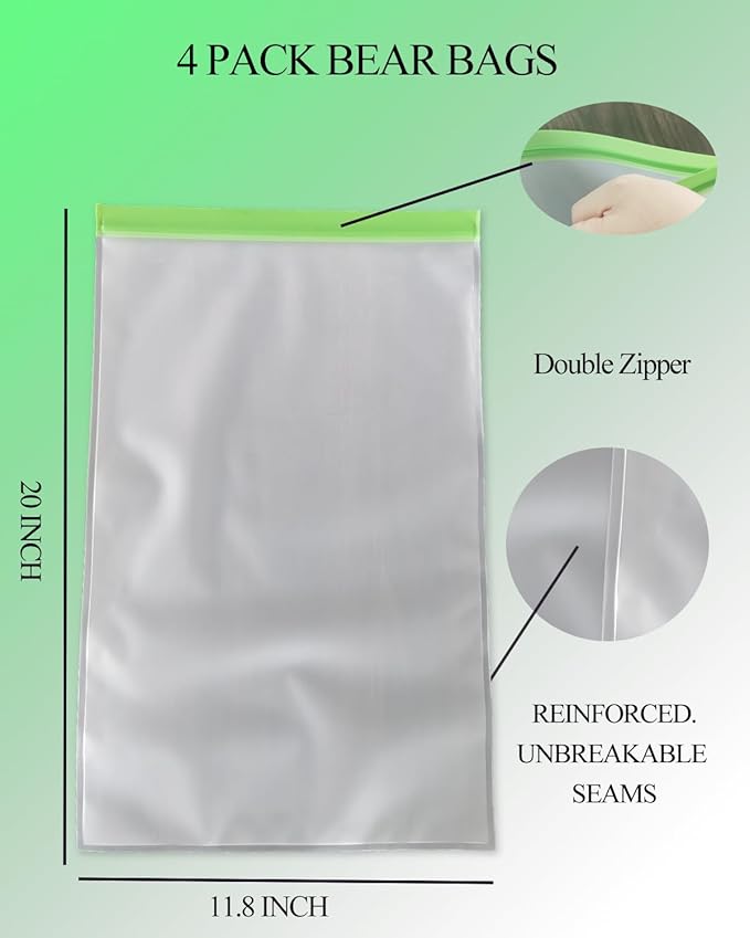 4 pack HEAVY DUTY Odor Proof Storage Bags-12ｘ20 Inch, Reusable Double-Tracked Ziplock Bags for Food Storage,Large Bear Bag fit Camping, Hiking, Water Sports and Home Organization