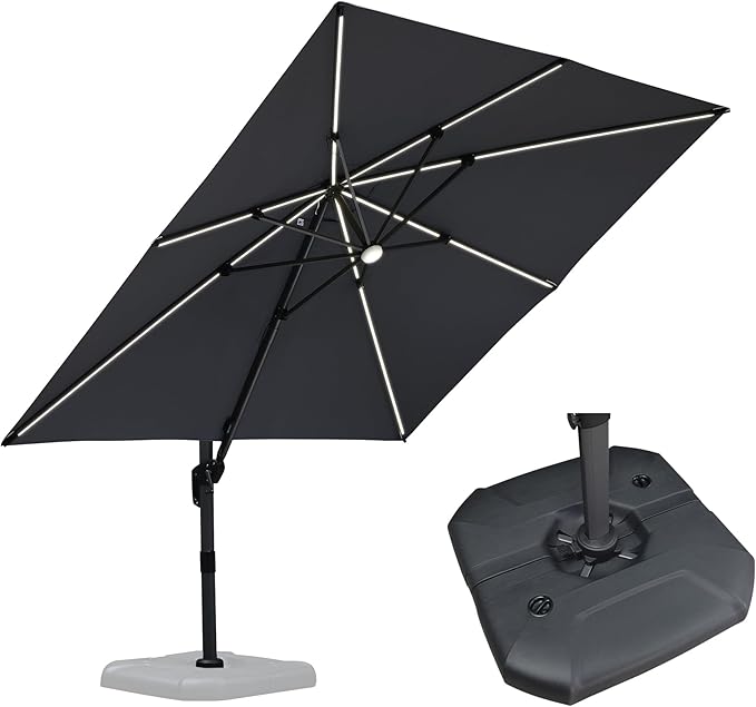 PURPLE LEAF 10 Feet Patio Umbrella with Base Outdoor Cantilever Solar Powered LED Square Umbrella Aluminum Offset Umbrella with 360-degree Rotation for Garden Deck Pool Patio Light Grey