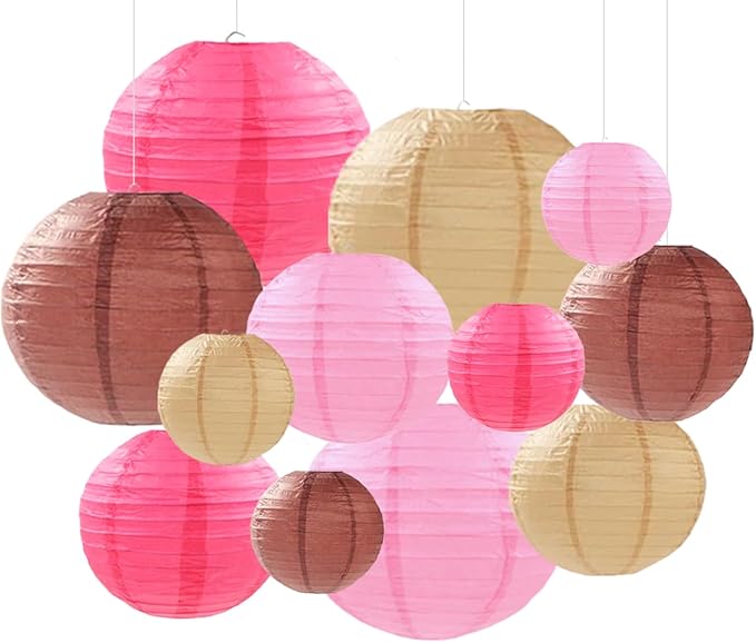 Pink Brown Paper Lanterns Decorative 12pcs Party Hanging Decorations for Western Cowgirl Party Birthday Retro Rodeo Party Supplies for Girls Baby Shower Western Room Decor