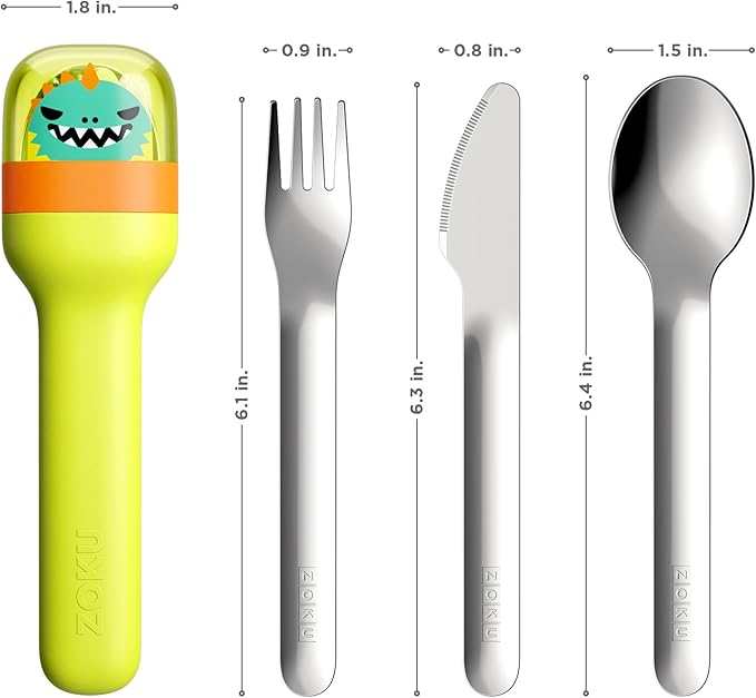 ZOKU Kids Pocket Utensil Set, Dino - Kids Silverware Set - Stainless Steel Fork, Knife, and Spoon in Case - Portable Design for Travel, School, Work, Picnics, Camping and Outdoor Home Use