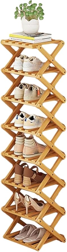 YYW Bamboo Shoe Rack for Entryway,Installation-Free and Foldable Vertical Shoe Storage Organizer,Free Standing Shoe Racks Shelf Closet Shoe Organizer for Living Room (Nature-8 Layers)