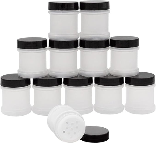 Cornucopia Brands Mini Plastic Spice Jars w/Sifters (12-Pack, Black); 2 Tablespoon Capacity (1 Fluid Ounce) Spice Bottles for Travel, Glitter, Gifts, Favors