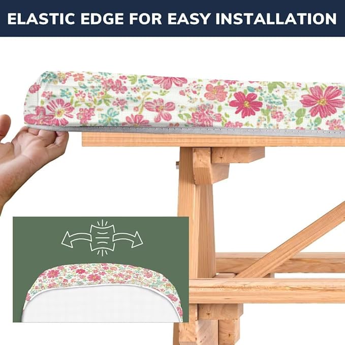 CAPSCEOLL Picnic Table Cover with Bench Covers 8Ft Waterproof Camping Tablecloth Elastic Table Protector with Drawstring Bag for Camping Essentials, 96X30In, Pink Flowers