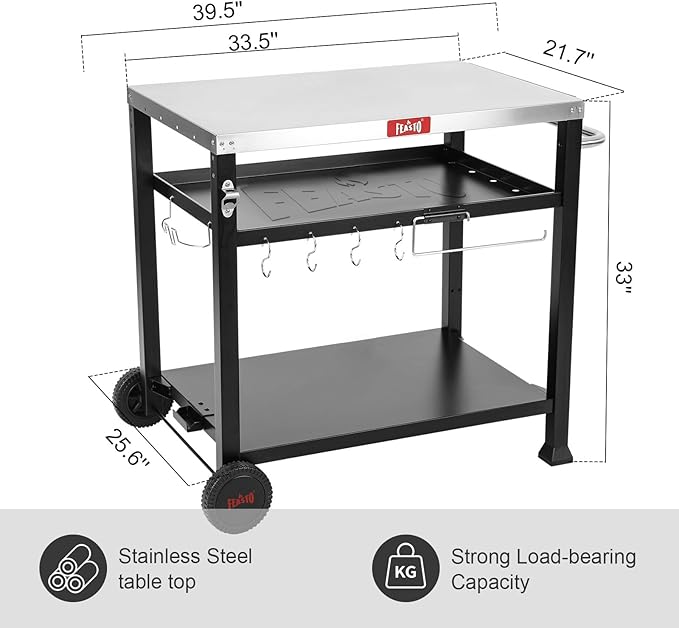3-Shelf Outdoor Grill Table,Pizza Oven Table for Outside,Movable Grill Cart with Wheels,Indoor & Outdoor Cooking Station, Pizza Oven Stand for Ooni Blackstone Griddle 33.5”x 21.7”