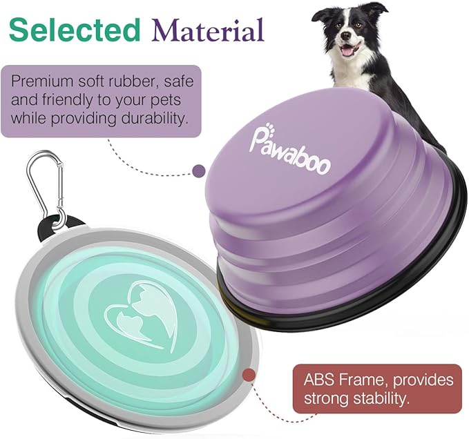 Pawaboo Collapsible Dog Bowls 2 Pack, Silicone Feeding Watering Bowls with Lids & Carabiners for Dogs Cats, Portable Water Feeder Food Bowl for Walking Traveling Home Use, 1000ml, Violet+Turquoise