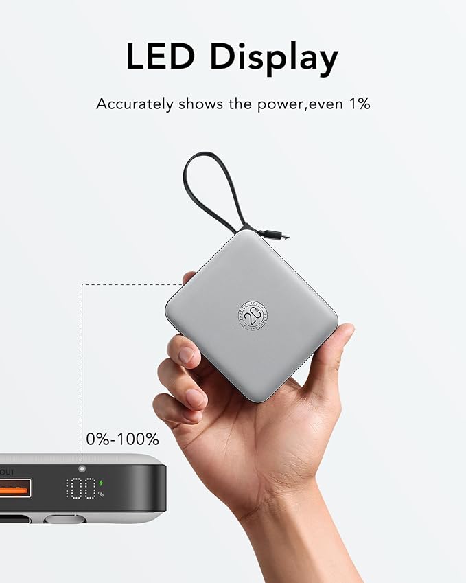 VRURC 20000mAh Portable Phone Charger with 4 Built-in Cables, Power Bank Fast Charging 22.5W USB C Battery Pack, for iPhone 16 15 14 13 12 11 x Samsung Galaxy Series etc, Gray(1 Pack)