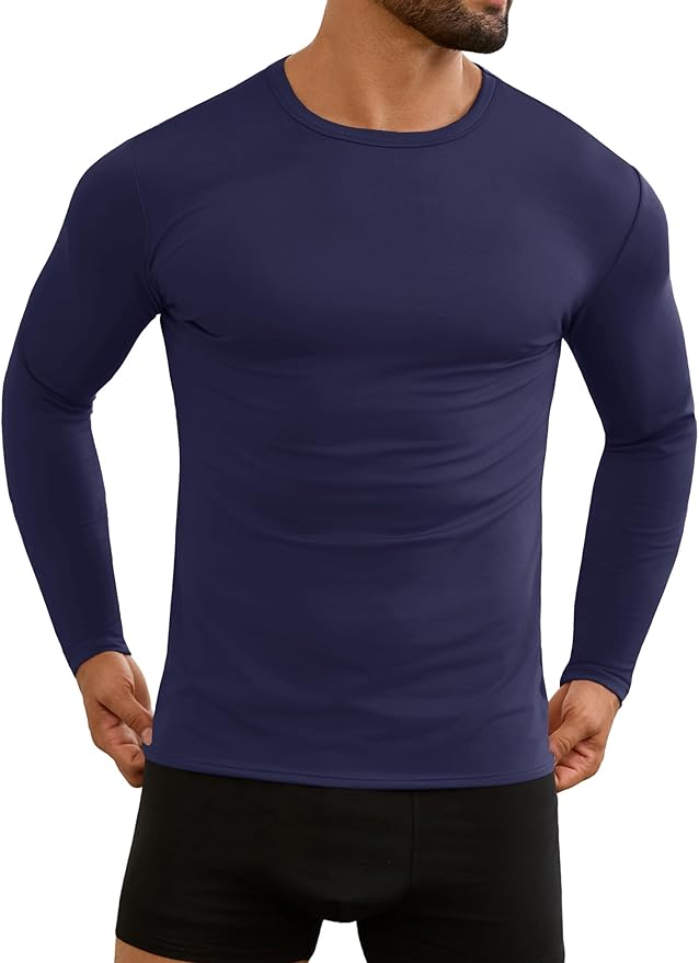 URRU Thermal Underwear for Men High Stretch Fleece Lined Long Sleeve Crewneck Thermal Shirts Base Layer Top Men Cold Weather