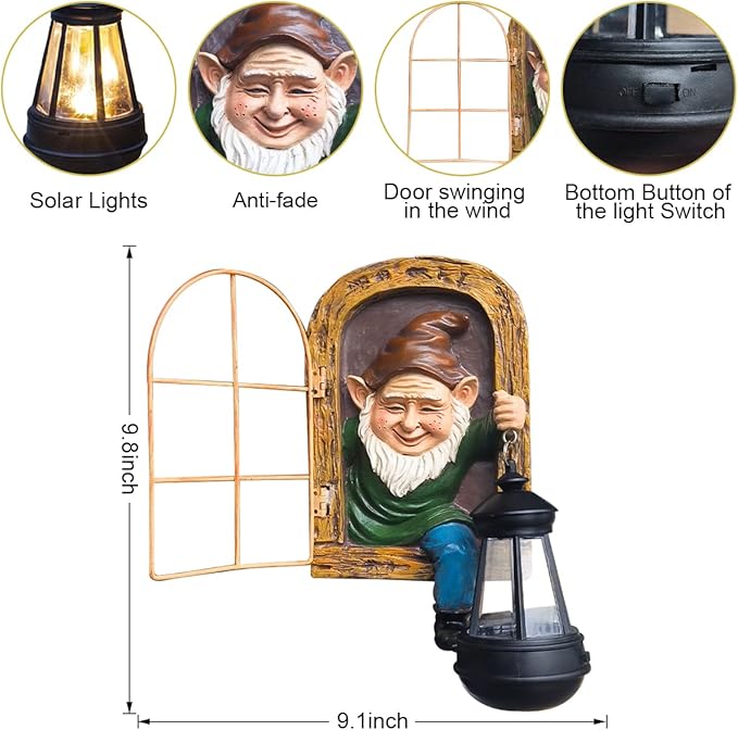 Whimsical Fairy Garden Gnomes with Solar Lights-10 Elf Out The Door Tree Hugger Garden Statues-Outdoor&Yard Decor-Tree Face Sculpture,Ideal Yard Art for Patio,Fence,Wall