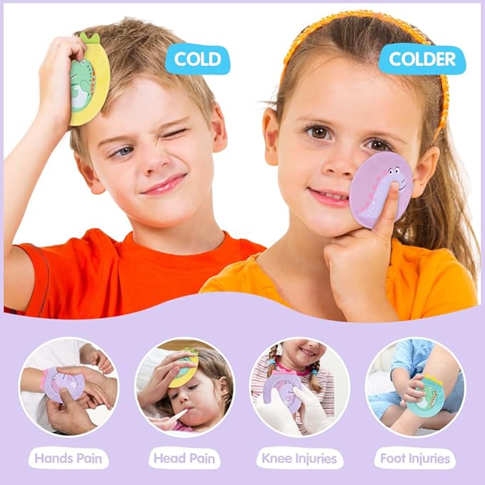 Hilph Kids Ice Packs for Boo Boos, 3 Pack Reusable Gel Hot Cold Packs for Toddlers and Babies, Cute Soft Plush Cover with Hot Cold Compress Pack for Pain Relief, Bump, Bruise, First Aid (Dinosaur)