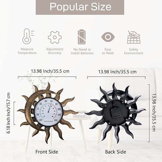 14" Sun-Moon Outdoor Thermometer, Metal Wall Thermometer No Need Battery, Decorative Indoor Thermometer for Patio, Garden, Living Room