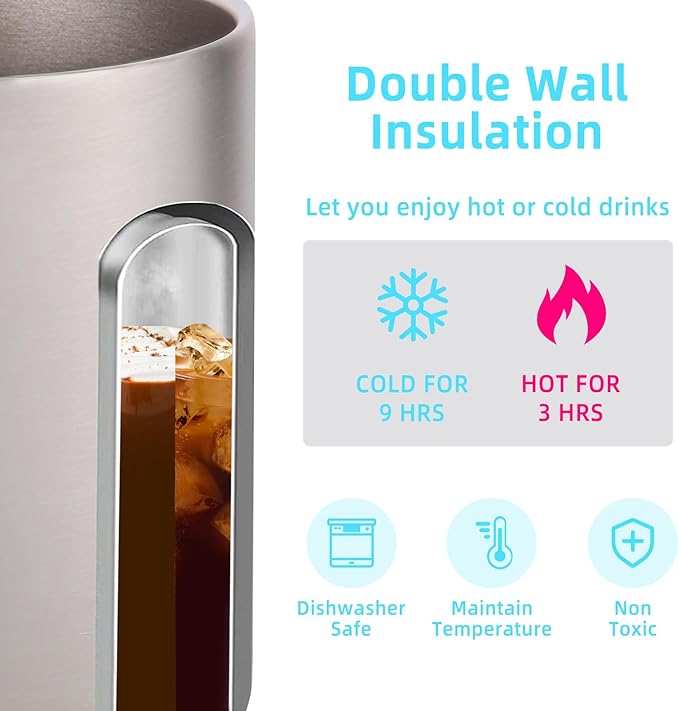 Volhoply 14oz Insulated Stainless Steel Coffee Mug with Lid Bulk 2 Pack,Double Wall Vacuum Travel Coffee Cup with Handle,Reusable Metal Cups Tumbler,Camping Mugs Keep Hot,Ideal Gifts(Silver,2)