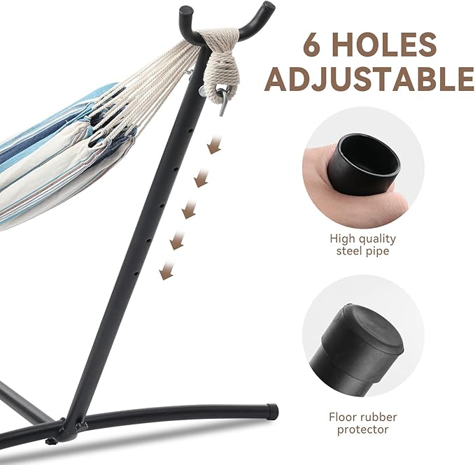 PNAEUT Double Hammocks with Stand for Outside, Portable Space Saving Heavy-Duty Steel Stand for Indoor Outdoor Patio with Carrying Bag, 450 lbs Capacity (Lightblue)