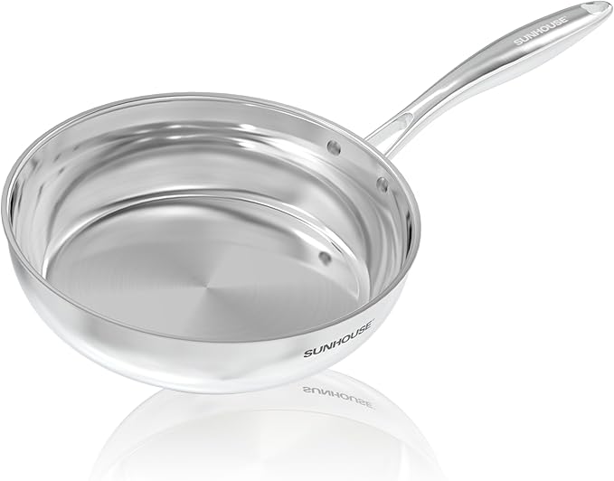 Sunhouse 8 Inch 18/10 Chef Series Stainless Steel Frying Pan, Tri-Ply Stainless Steel Construction, PFOA-FREE, Stay-Cool Handle, Induction Compatible