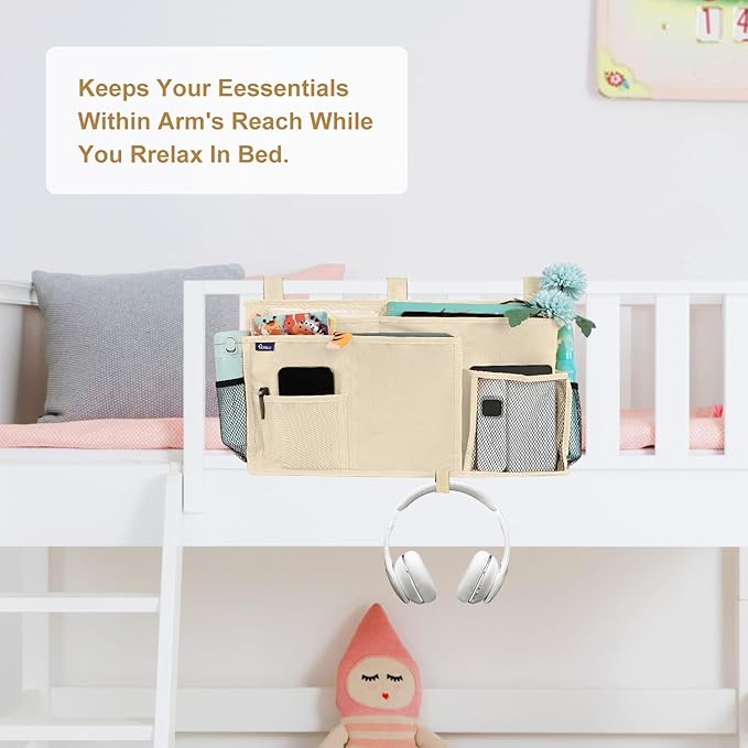 Surblue Bedside Caddy Hanging Organizer Storage Bag Pocket for Bunk, Hospital, College Dorm Rooms, Baby Bed Rails, Camp - 8 Pockets, Large, Beige