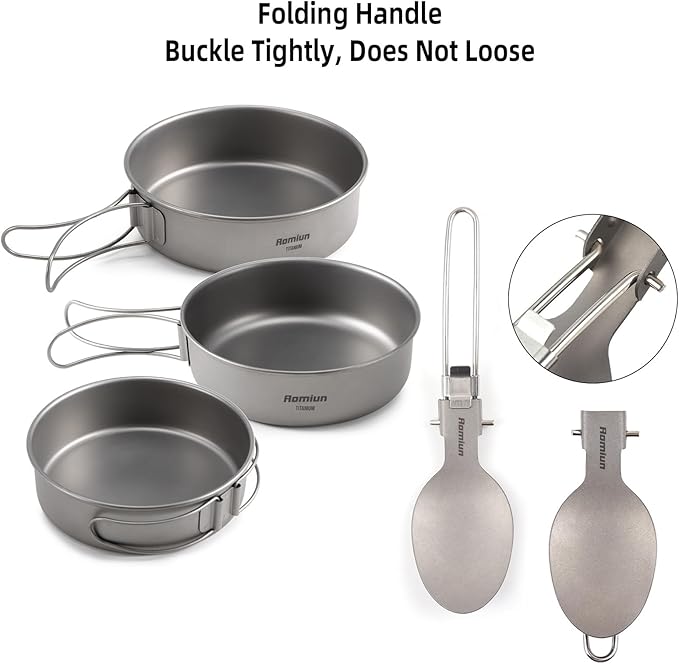 Titanium Camping Bowls and Utensils Set, Lightweight Portable Titanium Plates with Folding Handle & Forks Spoons Travel Cutlery Dinnerware for Outdoor Camping Backpacking Hiking Picnic