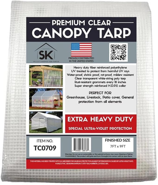 16 Mil Clear Poly Heavy Duty Tarp with Fiber Reinforcement - True Size Tarps with UV Protection, Tear Resistance, Flexibility, Reinforced Corners 7x9