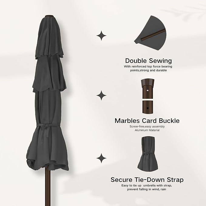 Kingdura 10ft 3-Tier Patio Umbrella with Solar Lights, Table Umbrella Outdoor Patio with Easy Crank & Tilt, 8 Sturdy Ribs, UV Protection, 32 LED Lights for Deck, Poolside, Market (Grey)