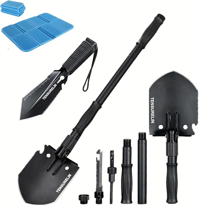 TENSURELING Survival Shovel, Folding Camping Shovel, High Carbon Steel Military Tactical Trench Spade with Pickaxe, Multitool Entrenching Tool for Off Road, Gardening, Metal-Detecting, Digging